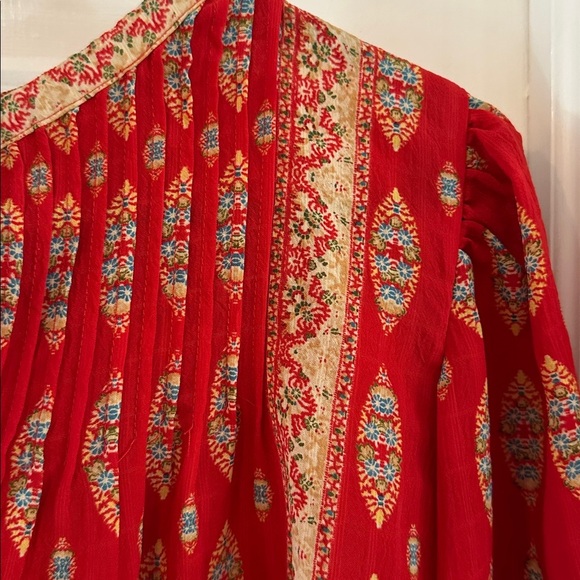 Women Rose & Olive Vibrant Red Patterned Boho V Neck Balloon Sleeve Top Size L - Picture 3 of 7